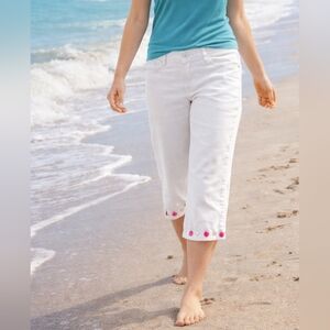 Chic White Capri with Pink Jewel Accents